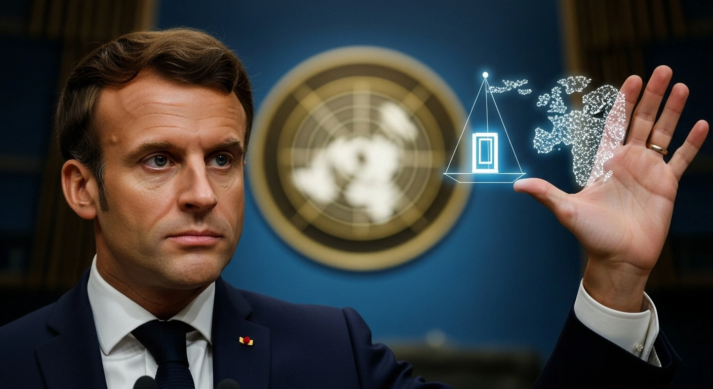 A close-up, slightly low-angle shot of French President Emmanuel Macron, his face showing gravitas, standing before a blurred UN General Assembly backdrop, with his hand poised as if weighing the release of hostages against the recognition of a Palestinian state, symbolizing France's conditional foreign policy recalibration regarding the Israeli-Palestinian conflict.