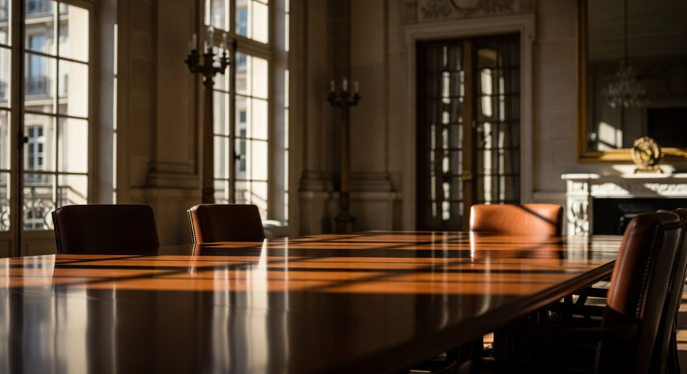 An empty conference table in a Parisian hall represents the diplomatic negotiations offered by French President Emmanuel Macron to mediate between Lebanon and Israel.