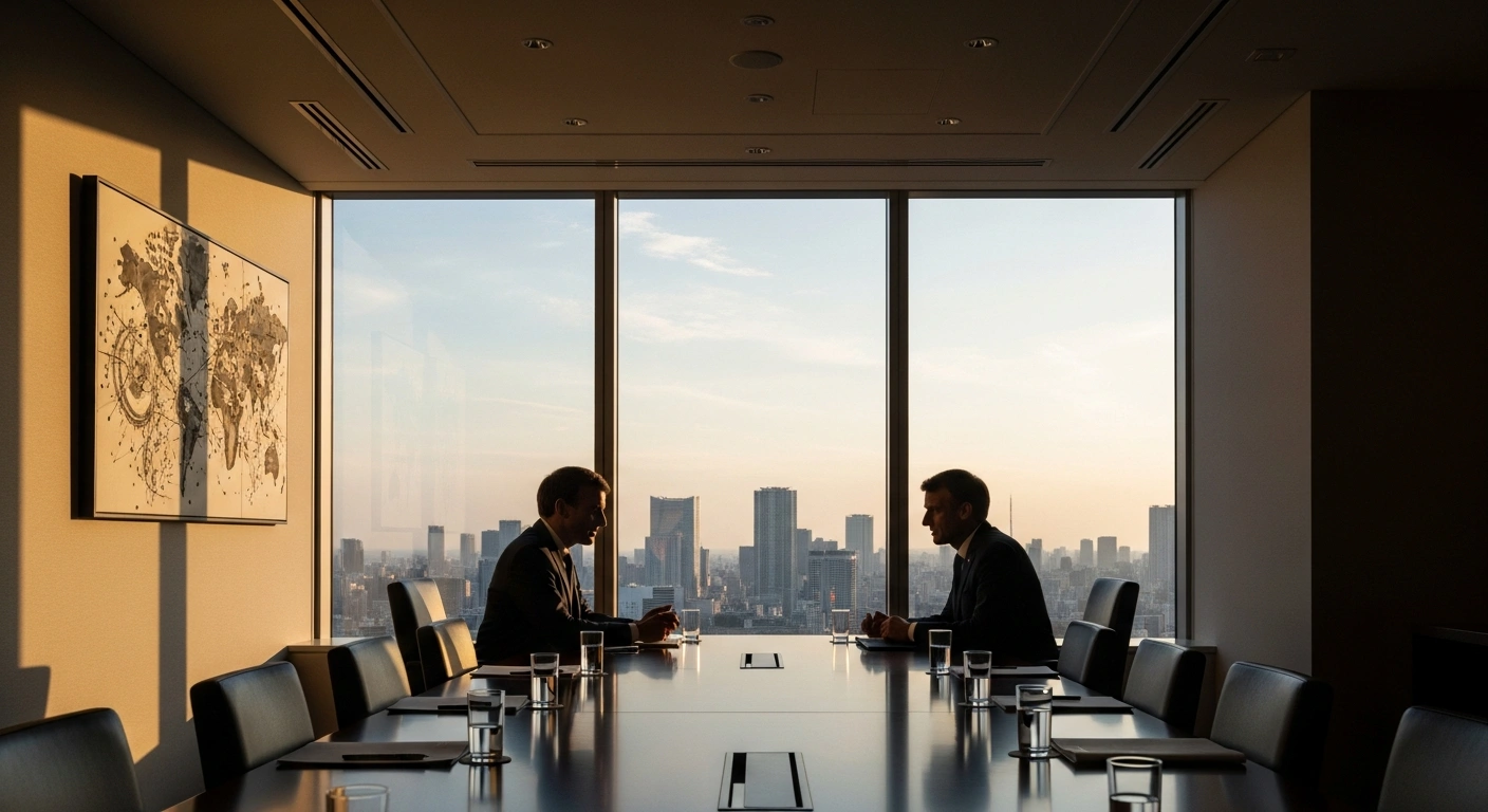 French President Emmanuel Macron and Japanese Prime Minister Sanae Takaichi are depicted in a high-level discussion within a modern conference room, symbolizing their talks on regional and economic security, Indo-Pacific stability, support for Ukraine, and strengthening supply chains.