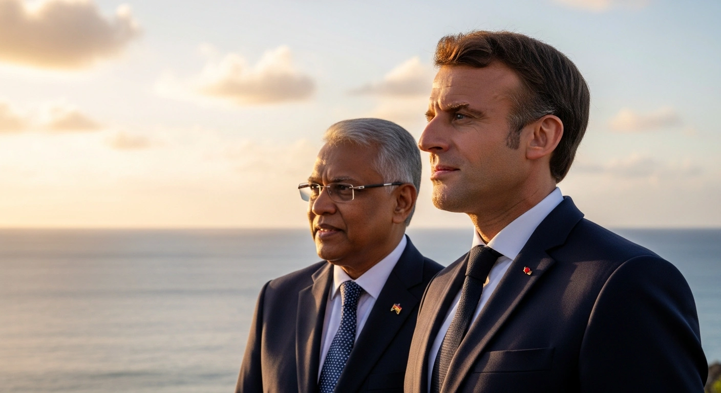 French President Emmanuel Macron and Mauritian Prime Minister Dr. Navinchandra Ramgoolam stand together, looking towards the sun-drenched Mauritian coastline, symbolizing reinforced historical bonds and new agreements on maritime security, education, energy, and economic cooperation.