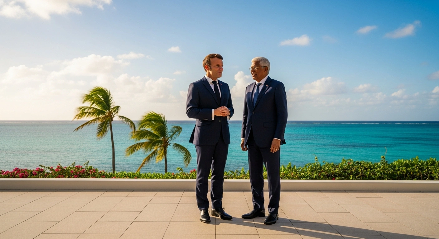 French President Emmanuel Macron and Mauritian Prime Minister Dr. Navinchandra Ramgoolam stand together on a sunlit terrace overlooking the turquoise waters of Mauritius, symbolizing their discussions on bolstering bilateral relations, economic cooperation, and maritime security during Macron's landmark visit.
