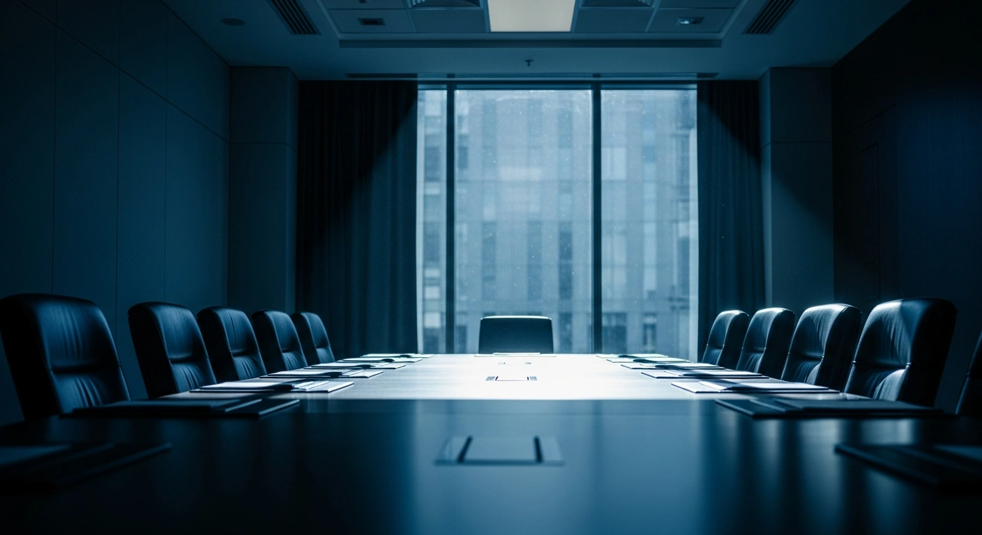 An empty diplomatic conference room represents the absence of a meeting between French President Emmanuel Macron and a Canadian official.