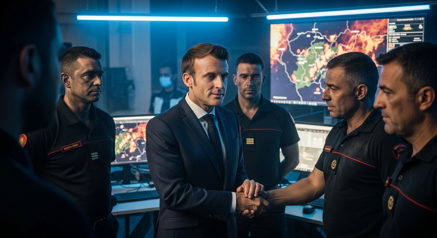 President Emmanuel Macron meets with firefighters at a crisis command center in Bordeaux to discuss the response to severe wildfires.