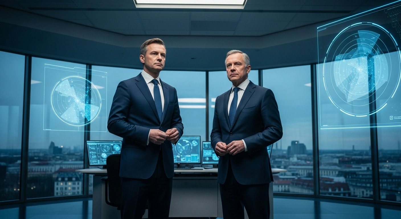 French President Emmanuel Macron and German Chancellor Friedrich Merz stand together in a high-tech command center to discuss European missile defense and radar cooperation.