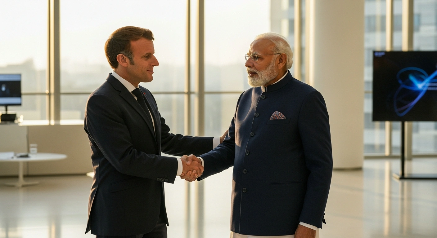 French President Emmanuel Macron and Indian Prime Minister Narendra Modi are shown shaking hands in a modern setting, symbolizing their bilateral talks and the launch of the India-France Year of Innovation 2026, focusing on strategic partnership and technology cooperation.