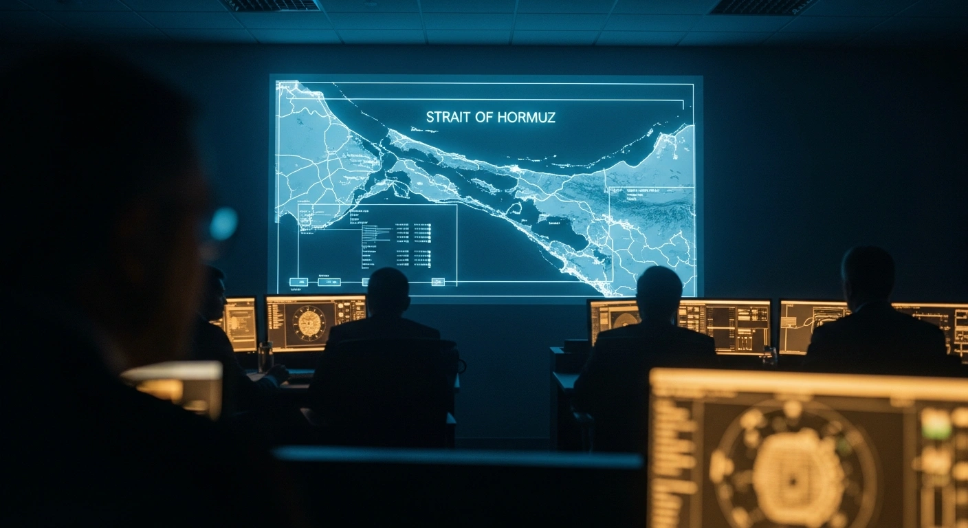 A digital map of the Strait of Hormuz is displayed in a command center during a high-level diplomatic discussion between French and Indian leaders regarding regional maritime security.
