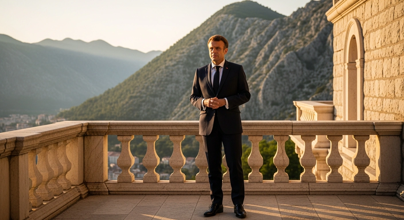 French President Emmanuel Macron stands on a terrace in Montenegro during a high-level summit focused on Western Balkan integration into the European Union.