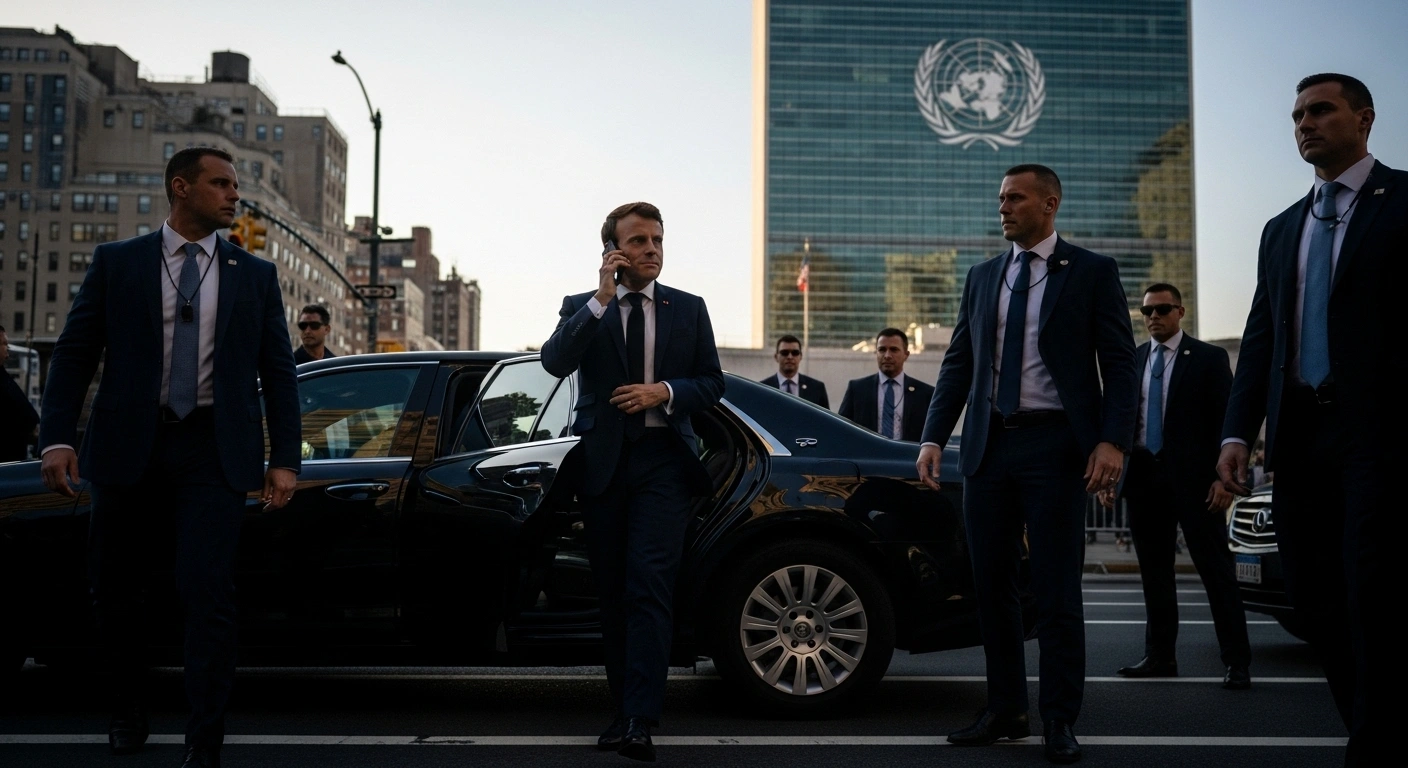 French President Emmanuel Macron steps out of his halted motorcade on a bustling New York City street, speaking on a phone with a wry smile, with the UN building visible in the background, during the 80th UN General Assembly.