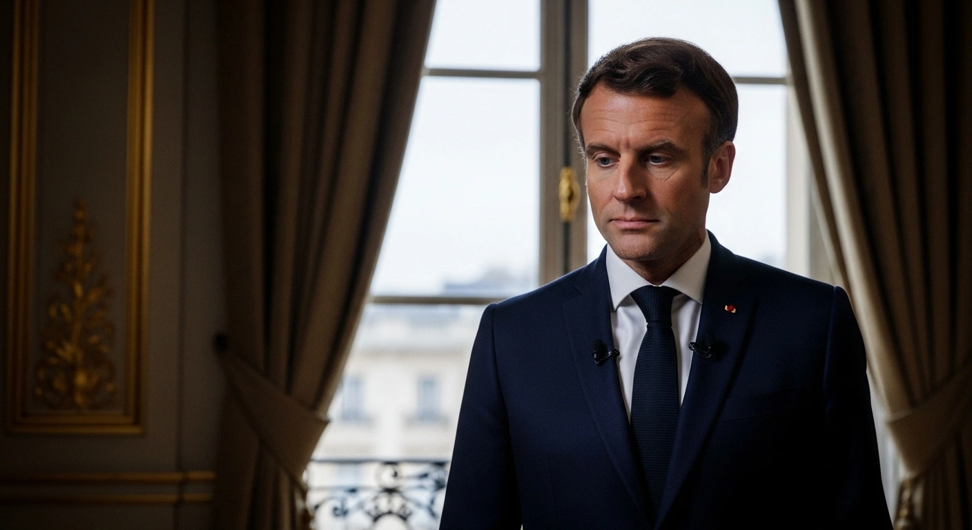 French President Emmanuel Macron stands contemplatively in a grand, dimly lit Parisian office, symbolizing the weight of his decision to appoint a new Prime Minister amidst France's political deadlock and economic challenges.