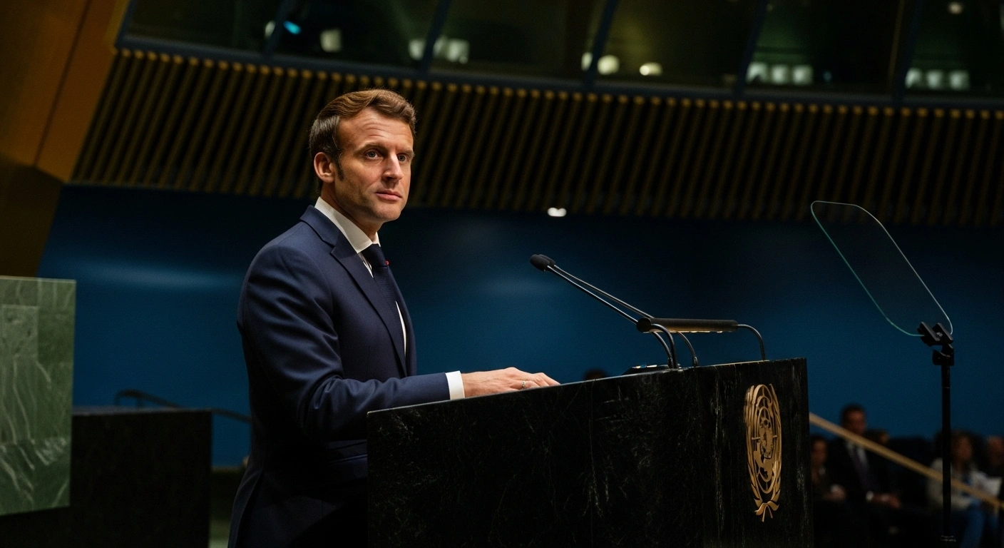French President Emmanuel Macron stands at a podium in the United Nations General Assembly hall, illuminated by a spotlight, as he announces France's recognition of a Palestinian state, symbolizing a move towards a two-state solution.