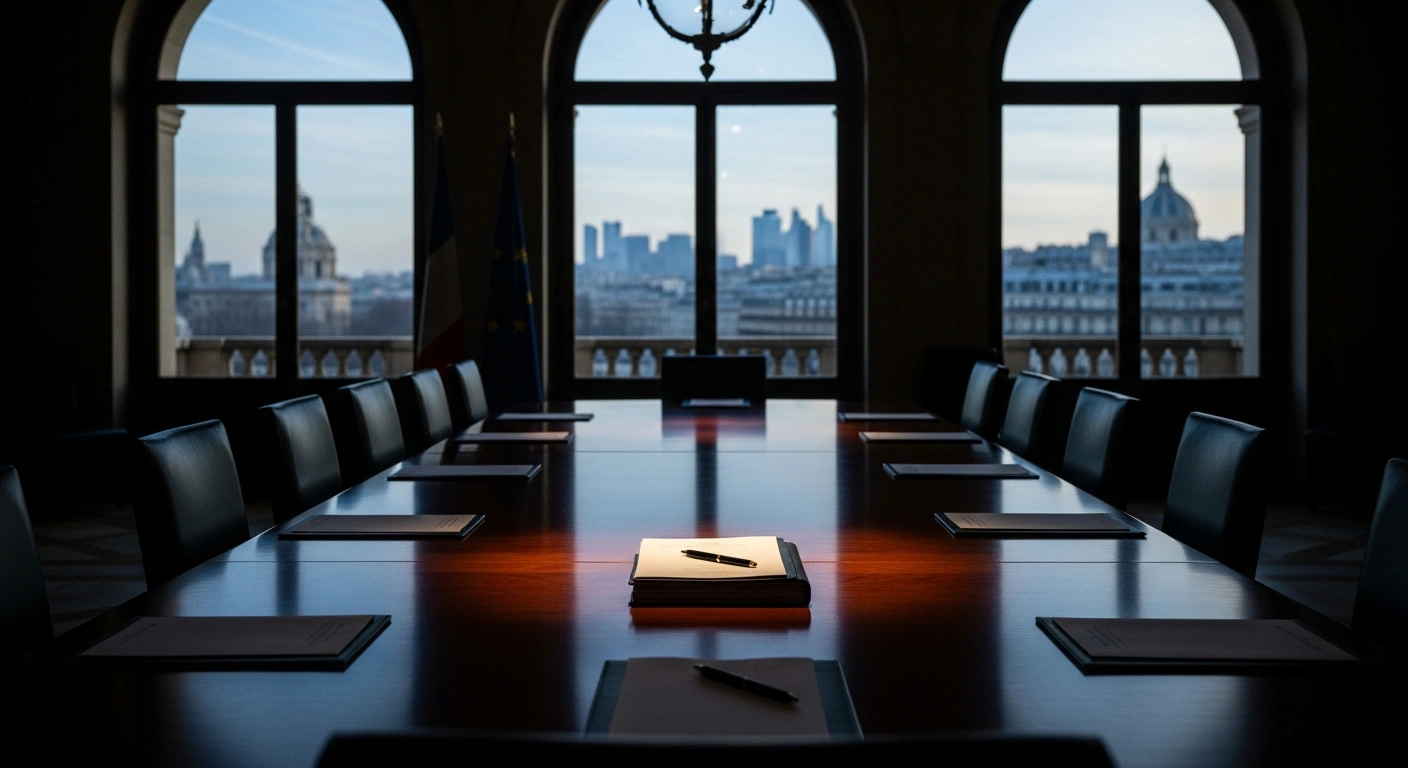 A grand conference table is meticulously set in a Parisian room with a view of the city at dawn, symbolizing the upcoming 'Coalition of the Willing' meeting hosted by French President Emmanuel Macron to finalize contributions to Ukraine's security framework, following discussions with Ukrainian President Volodymyr Zelenskyy and US President Donald Trump.