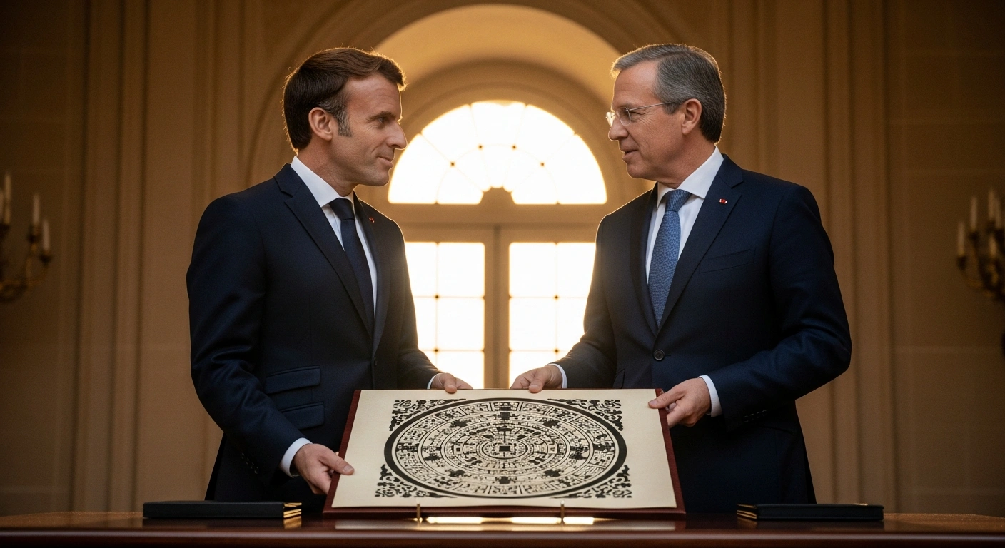 Presidents Emmanuel Macron and Claudia Sheinbaum are shown in a formal setting, jointly presenting an ancient Mesoamerican codex on a polished table, symbolizing a new phase of their strategic alliance and cultural cooperation, ahead of the 200th anniversary of diplomatic relations.