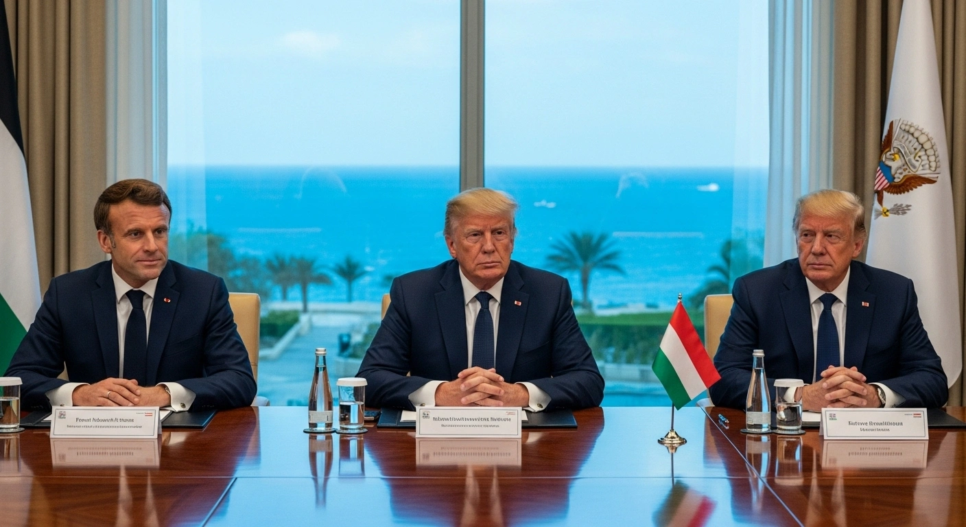 French President Emmanuel Macron, Egyptian President Abdel Fattah el-Sisi, and US President Donald Trump are seated at a conference table in Sharm El Sheikh, Egypt, during a peace summit focused on advancing a peace plan for Gaza.