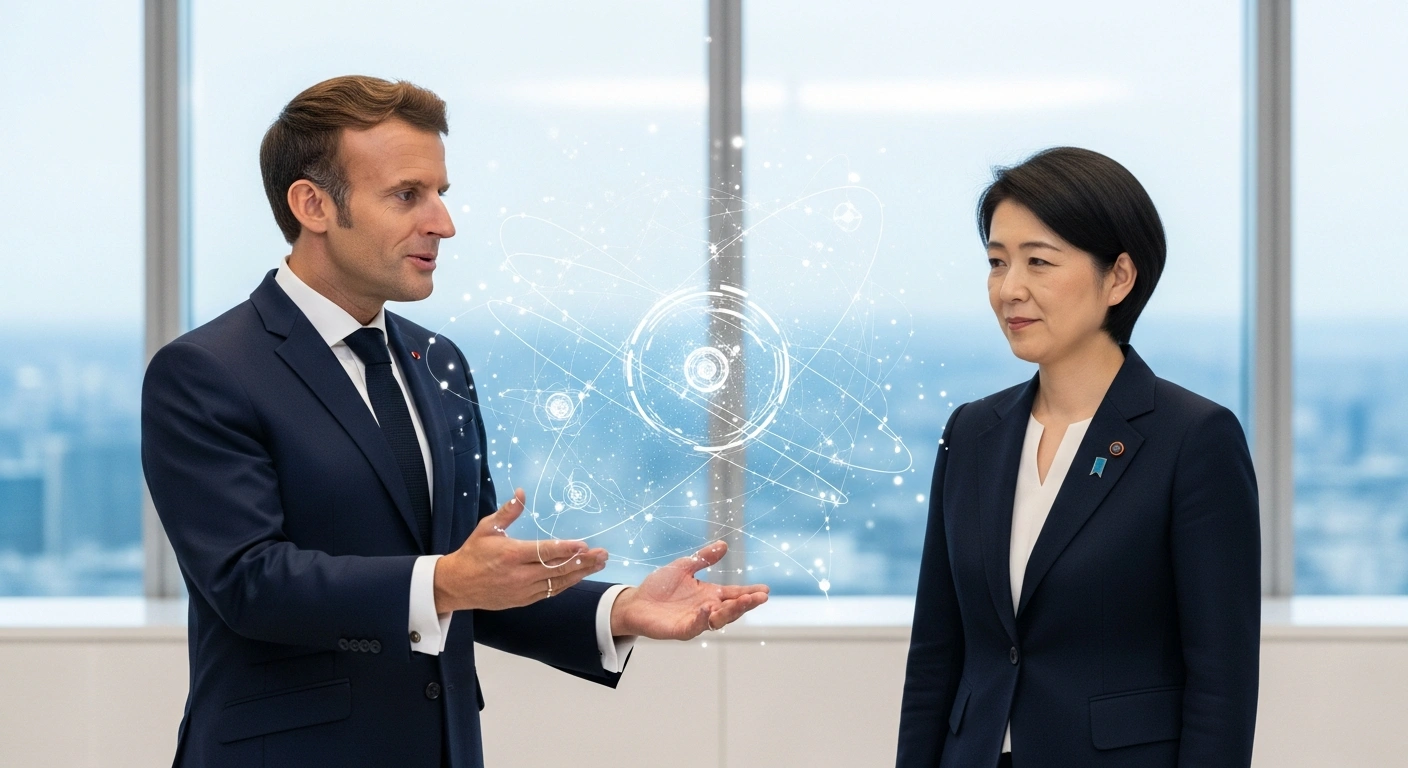 French President Emmanuel Macron and Japanese Prime Minister Sanae Takaichi are shown in a modern conference room, looking at a holographic projection, symbolizing their discussions on economic ties in AI, nuclear power, aviation, space, and military defense cooperation during Macron's official visit to Japan.
