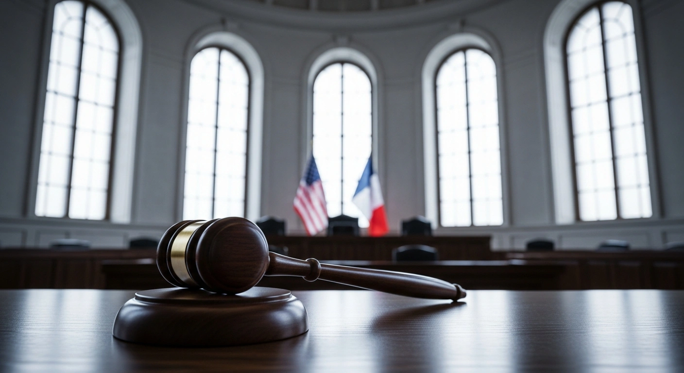 A large, ornate wooden gavel rests on a polished bench in a grand, empty courtroom, illuminated by light from tall windows, with the flags of the United States and France subtly visible in the background, symbolizing the US Supreme Court's ruling on tariffs and its international impact, lauded by French President Emmanuel Macron and impacting former President Trump's policies.