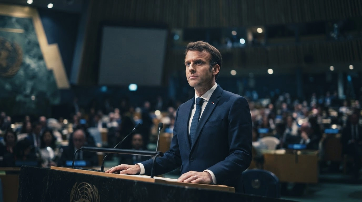 French President Emmanuel Macron delivers a serious address at the United Nations General Assembly to advocate for international law and global stability.