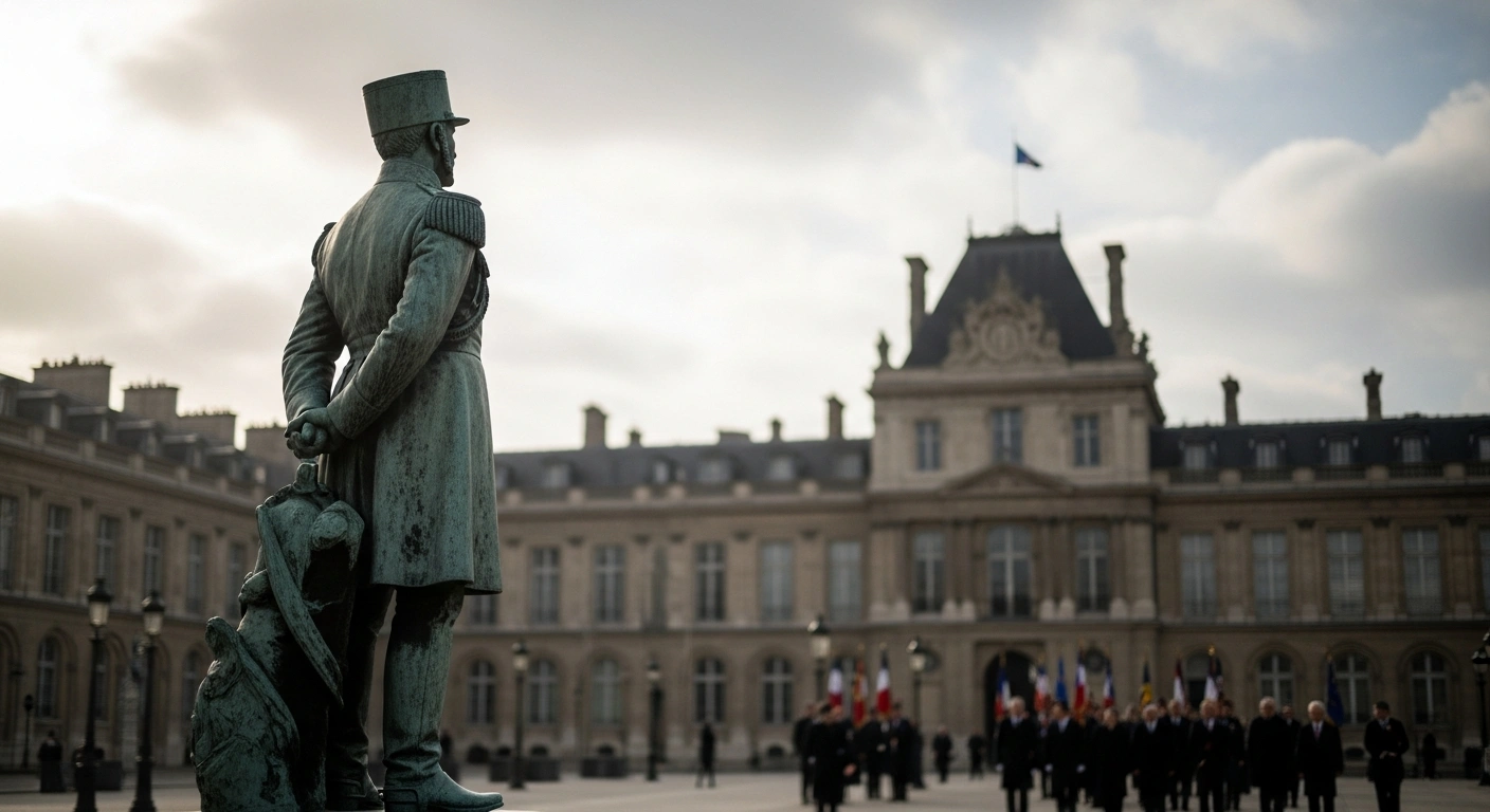 French President Emmanuel Macron stands near a newly unveiled bronze statue of Captain Alfred Dreyfus during a commemorative ceremony in Paris.