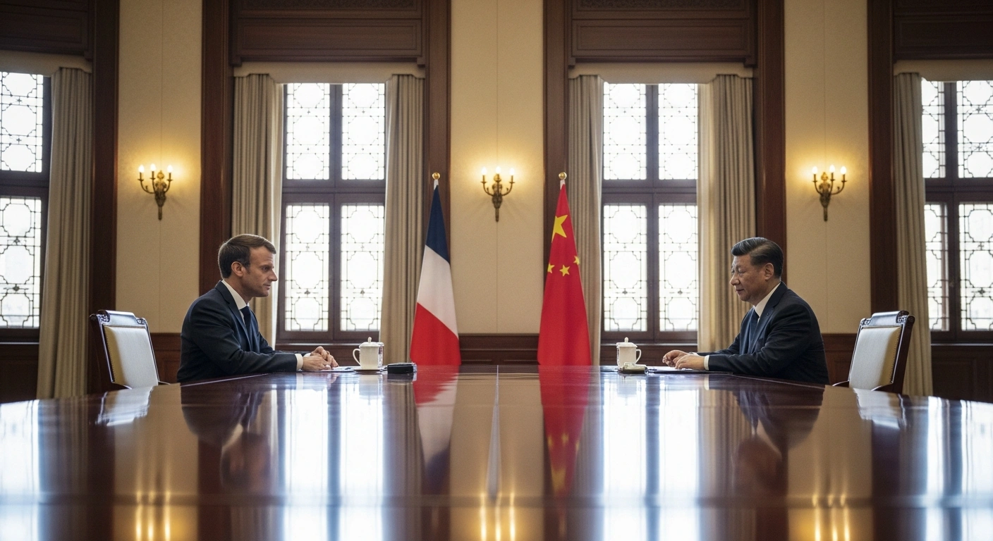 French President Emmanuel Macron and Chinese President Xi Jinping are depicted in a formal state room, engaged in discussions during Macron's state visit to China, focusing on rebalancing trade relations and seeking influence on a ceasefire in Ukraine.