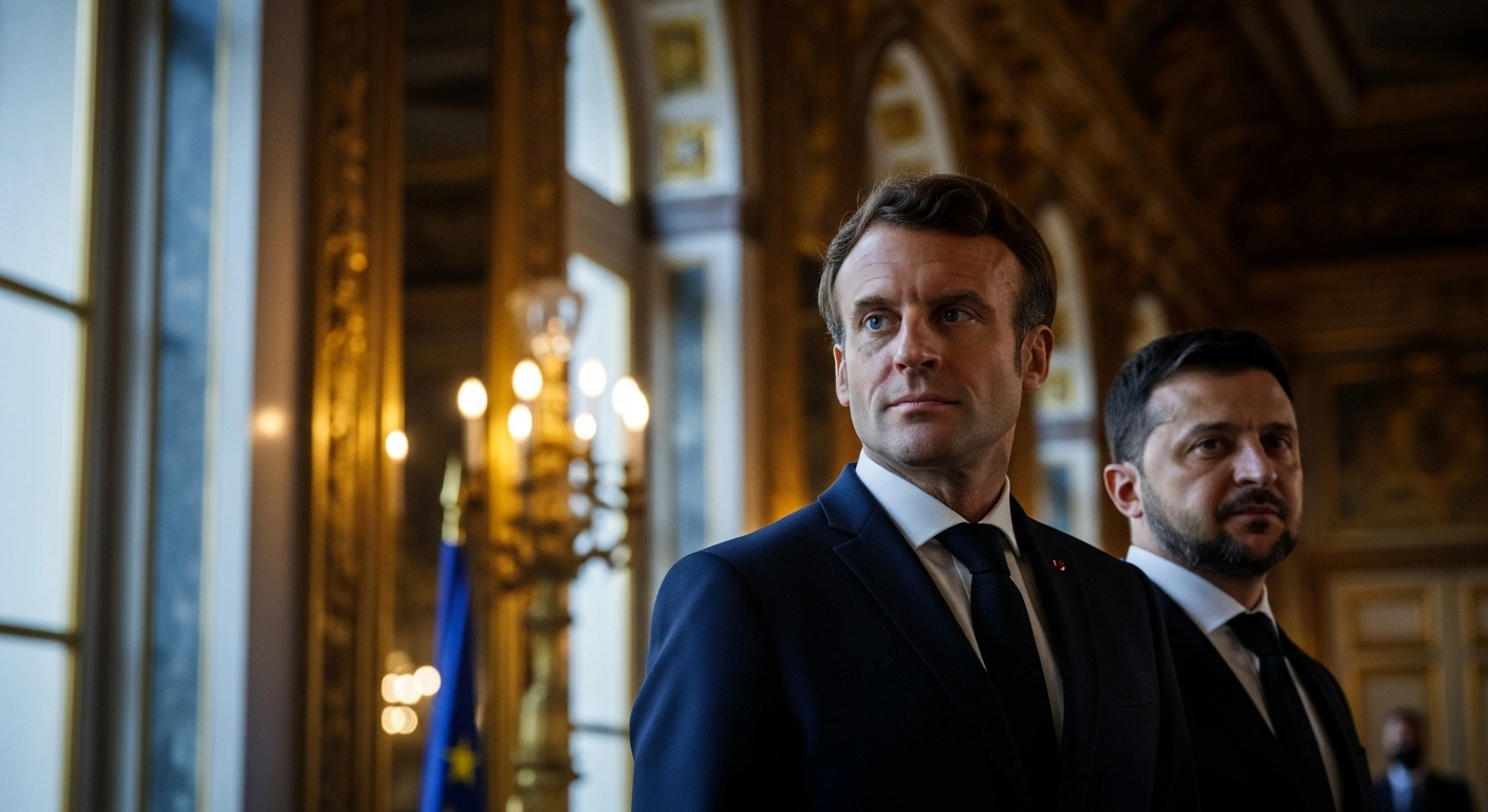 French President Emmanuel Macron and Ukrainian President Volodymyr Zelensky stand together during a diplomatic meeting at the Élysée Palace in Paris.