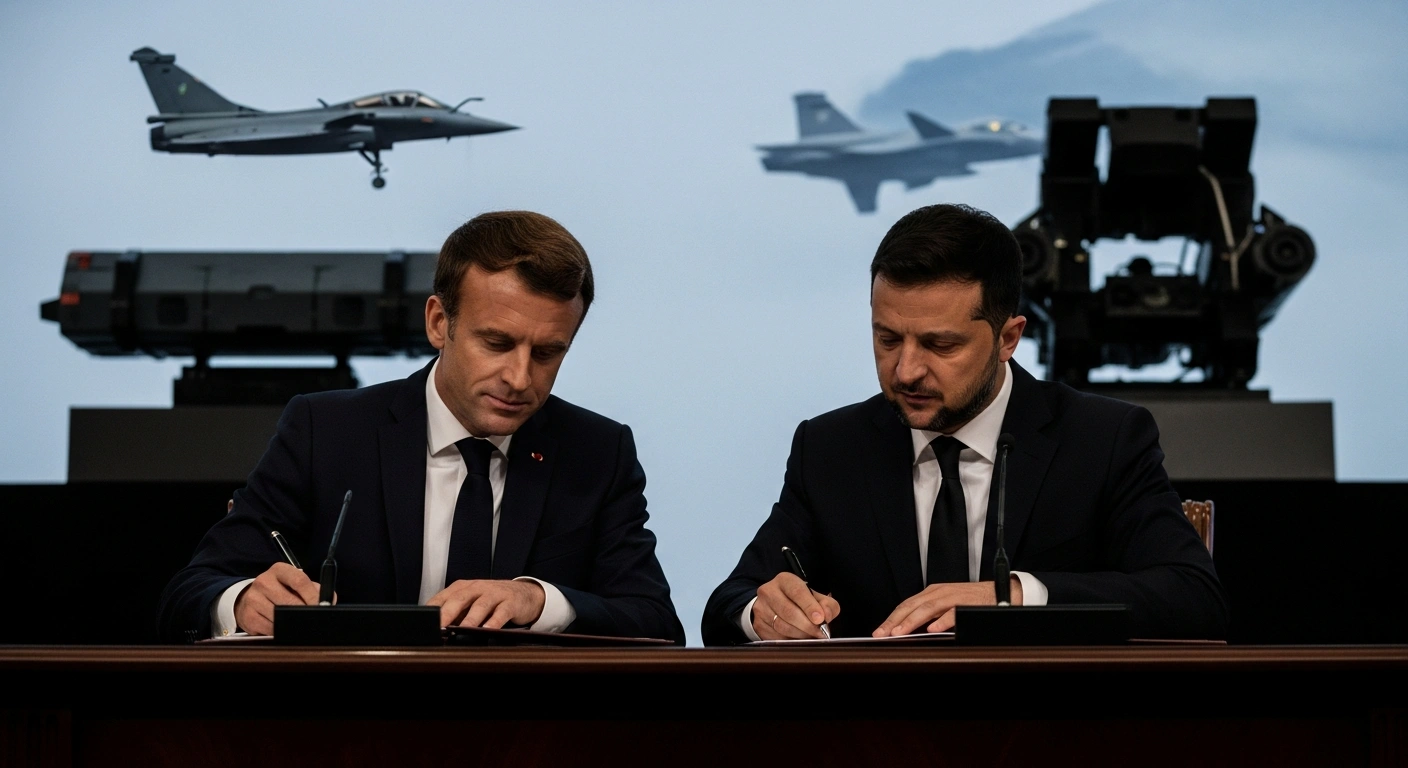 French President Emmanuel Macron and Ukrainian President Volodymyr Zelenskyy are depicted signing a defense accord at a formal table, with a blurred background subtly featuring a Rafale fighter jet and an advanced SAMP/T air defense system, symbolizing the military hardware Ukraine will acquire.