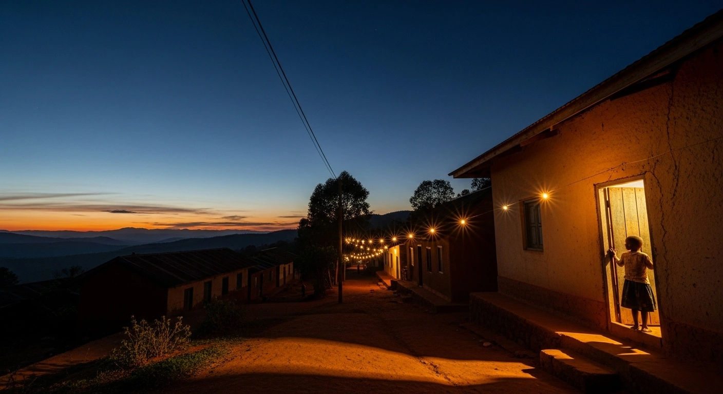 A Madagascan village at dusk, illuminated by new electric lights, symbolizing the significant increase in electricity access announced by President Andry Rajoelina at the United Nations General Assembly, with projects like DECIM aiming to nearly double the national electrification rate.