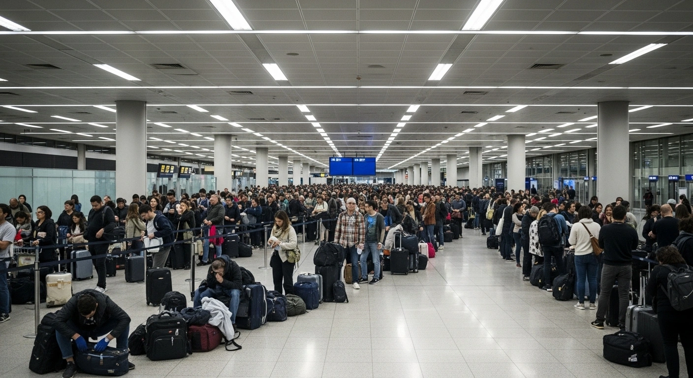 A wide, slightly elevated shot captures a vast, serpentine queue of weary passengers with their luggage stretching through a brightly lit airport terminal, depicting the widespread disruption caused by the security personnel strike at Madrid-Barajas Airport.