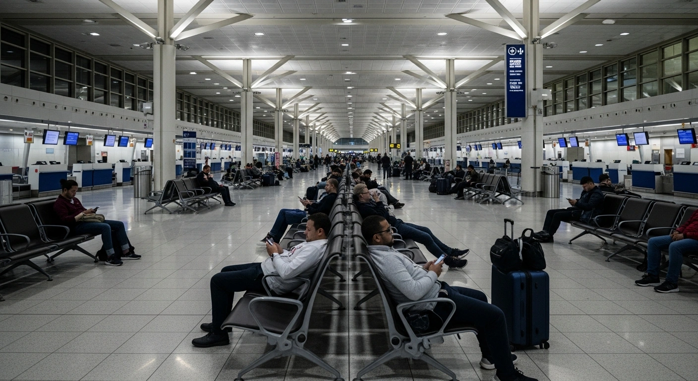 A wide, low-angle photograph depicts a sparsely populated Madrid-Barajas Airport terminal at dusk, showing weary travelers and empty check-in counters, symbolizing the significant flight delays and cancellations caused by ground handling staff strikes affecting airlines such as Iberia, British Airways, and Vueling.
