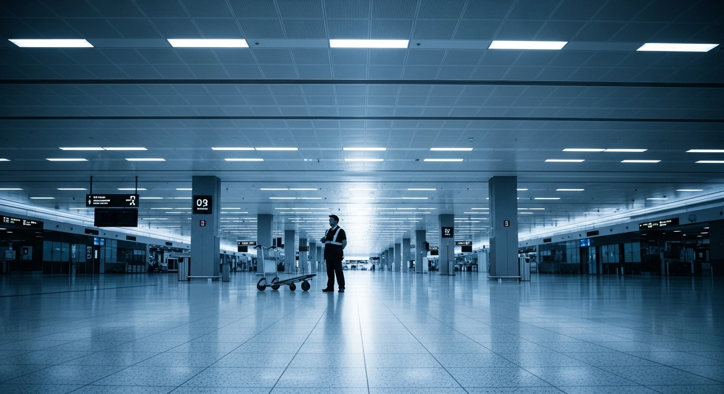 A low-angle, wide shot of a vast, empty airport terminal under cold fluorescent lights, featuring a lone, silhouetted ground staff member standing beside an idle baggage cart, symbolizing the ground handling strikes causing flight delays at Madrid-Barajas Airport during the holiday season.