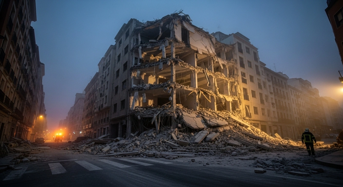 A wide, low-angle view of the collapsed six-story building in central Madrid, with twisted rebar, shattered concrete debris, and emergency vehicle lights illuminating the dusty scene after a renovation project resulted in four deaths and three injuries.