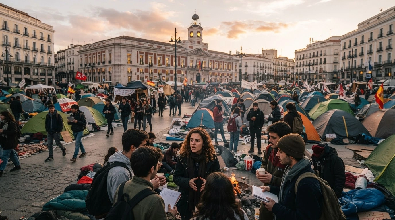 Young demonstrators and students occupy the Puerta del Sol in Madrid with a tent encampment to protest the national housing crisis.