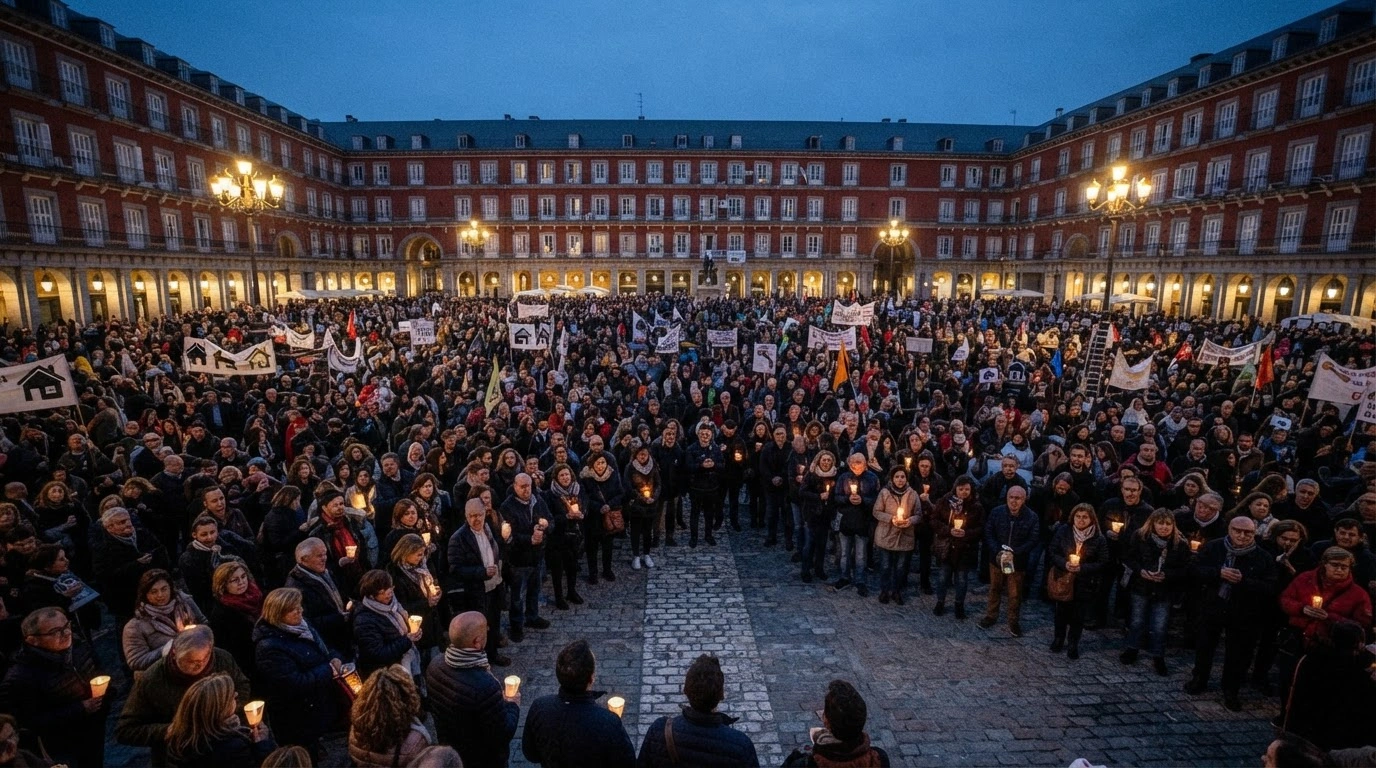 Thousands of protesters gather in a Madrid plaza to demonstrate against the housing crisis following a fatal eviction.