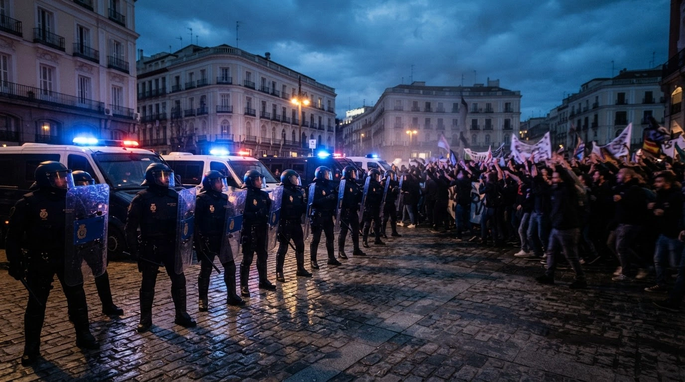 Riot police stand in a line during a housing crisis demonstration in Madrid where clashes occurred between opposing groups.