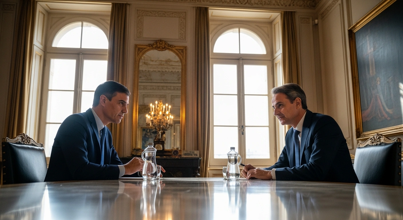 Prime Ministers Pedro Sánchez of Spain and Kyriakos Mitsotakis of Greece are depicted meeting in a formal setting in Madrid, discussing a US-backed Gaza peace plan, the situation in Venezuela, and bilateral economic ties.