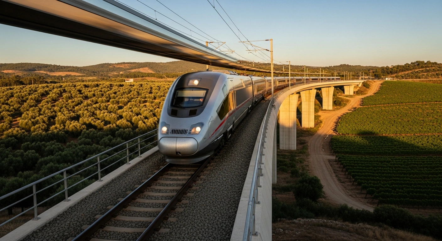 A sleek, silver high-speed train, symbolizing the future Madrid-Lisbon connection, speeds across a modern viaduct at sunset, linking Spanish and Portuguese landscapes, representing the 2034 completion of the Atlantic Corridor.