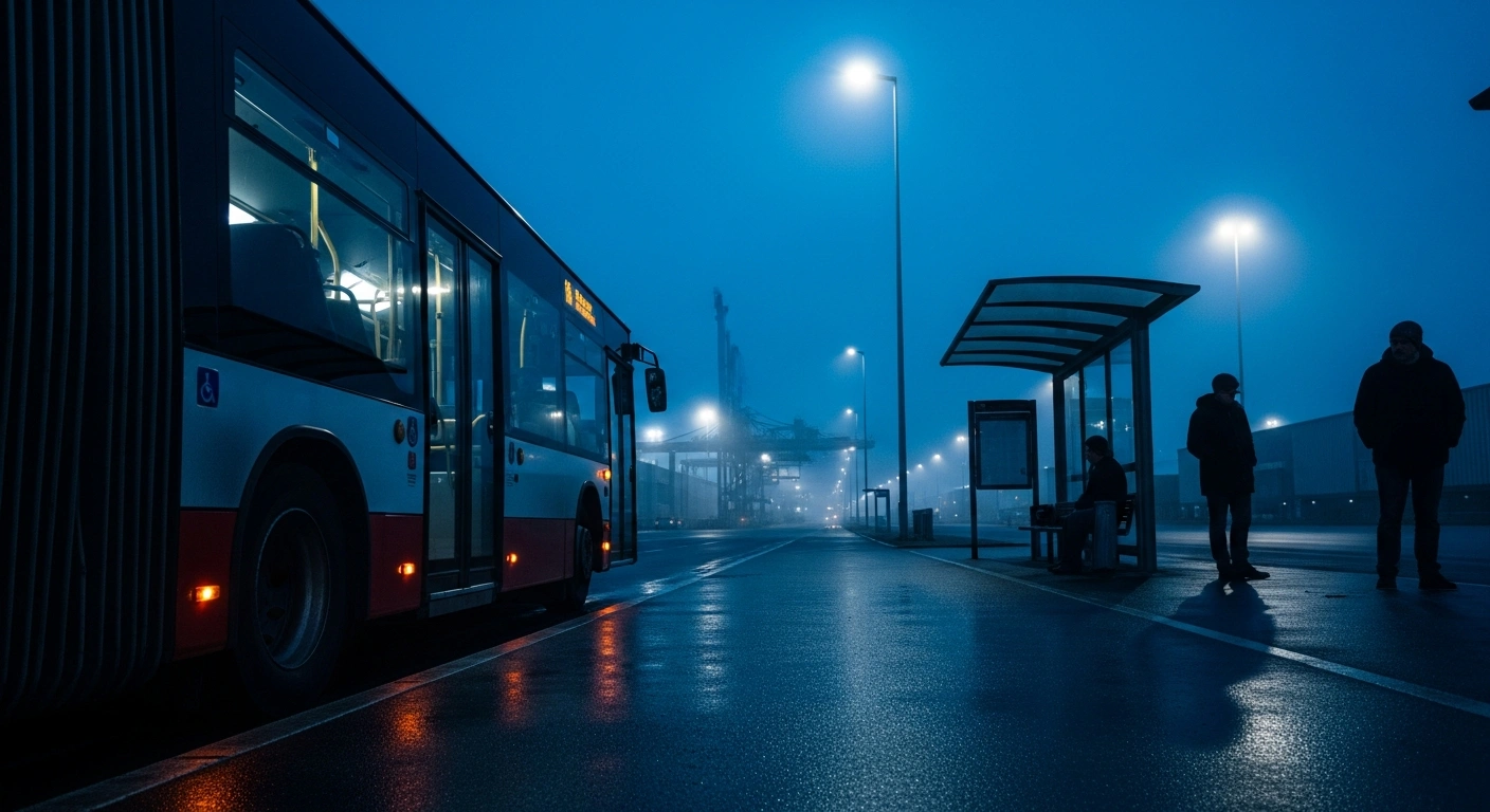 A city bus waits at a bus stop during the early morning hours to transport workers to the Mercamadrid logistics hub.