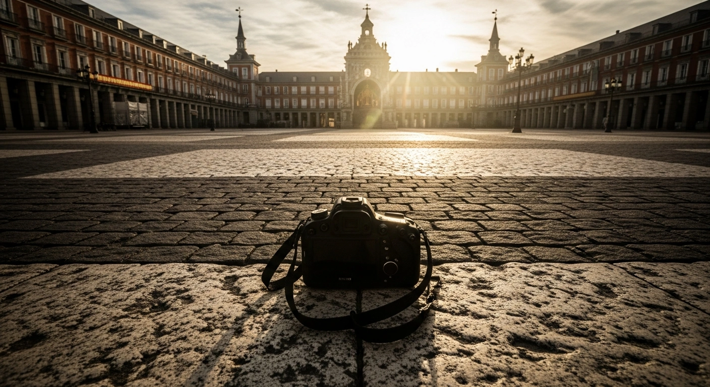 An empty public square in Madrid stands completely vacant, debunking false reports of a massive religious gathering presided over by a non-existent Pope.