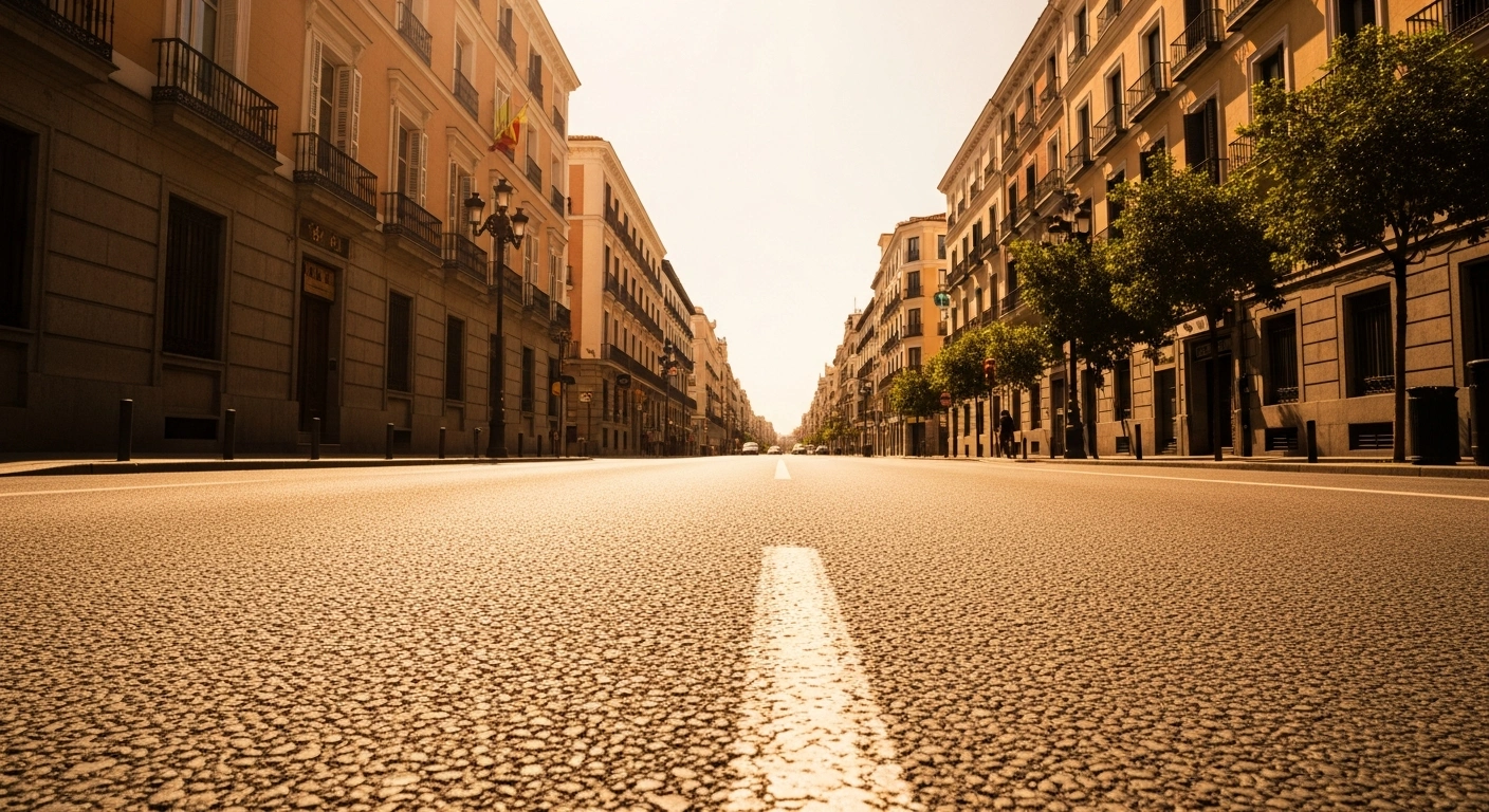A deserted street in Madrid shimmers under the intense heat of a severe multi-day heatwave in central Spain.