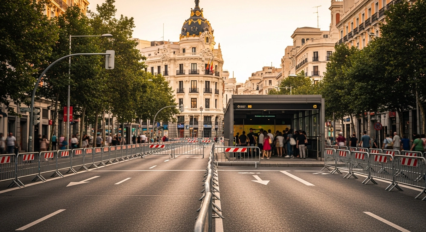 Empty streets in Madrid are cordoned off with security barriers in preparation for the upcoming visit of Pope Leo XIV.
