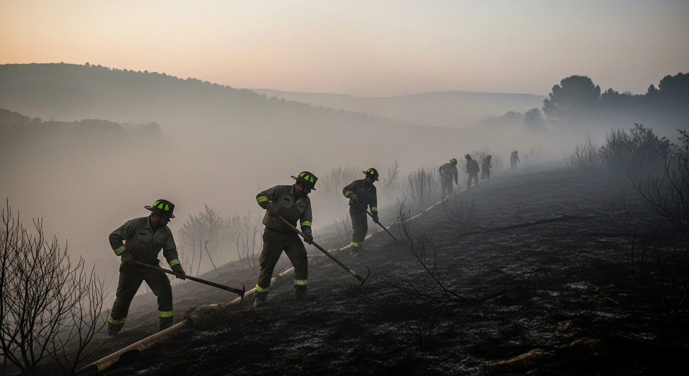 Spanish firefighters work to strengthen containment lines near a wildfire on the outskirts of Madrid during the early morning hours.