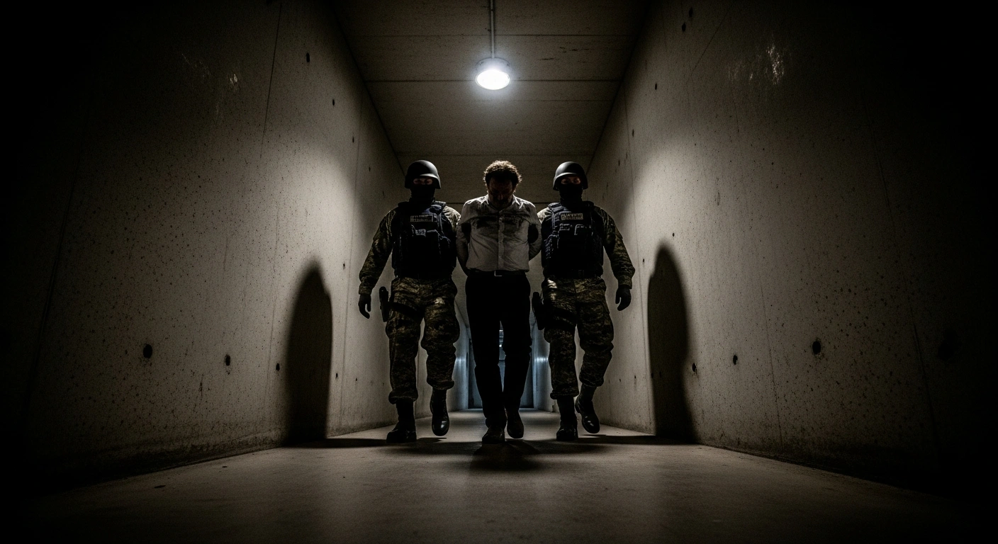 A disheveled President Nicolás Maduro is escorted by two military-style figures through a dimly lit corridor, symbolizing his capture during a controversial US military operation in Venezuela and subsequent abduction to New York to face drug and terrorism charges, sparking debate over its lawfulness.