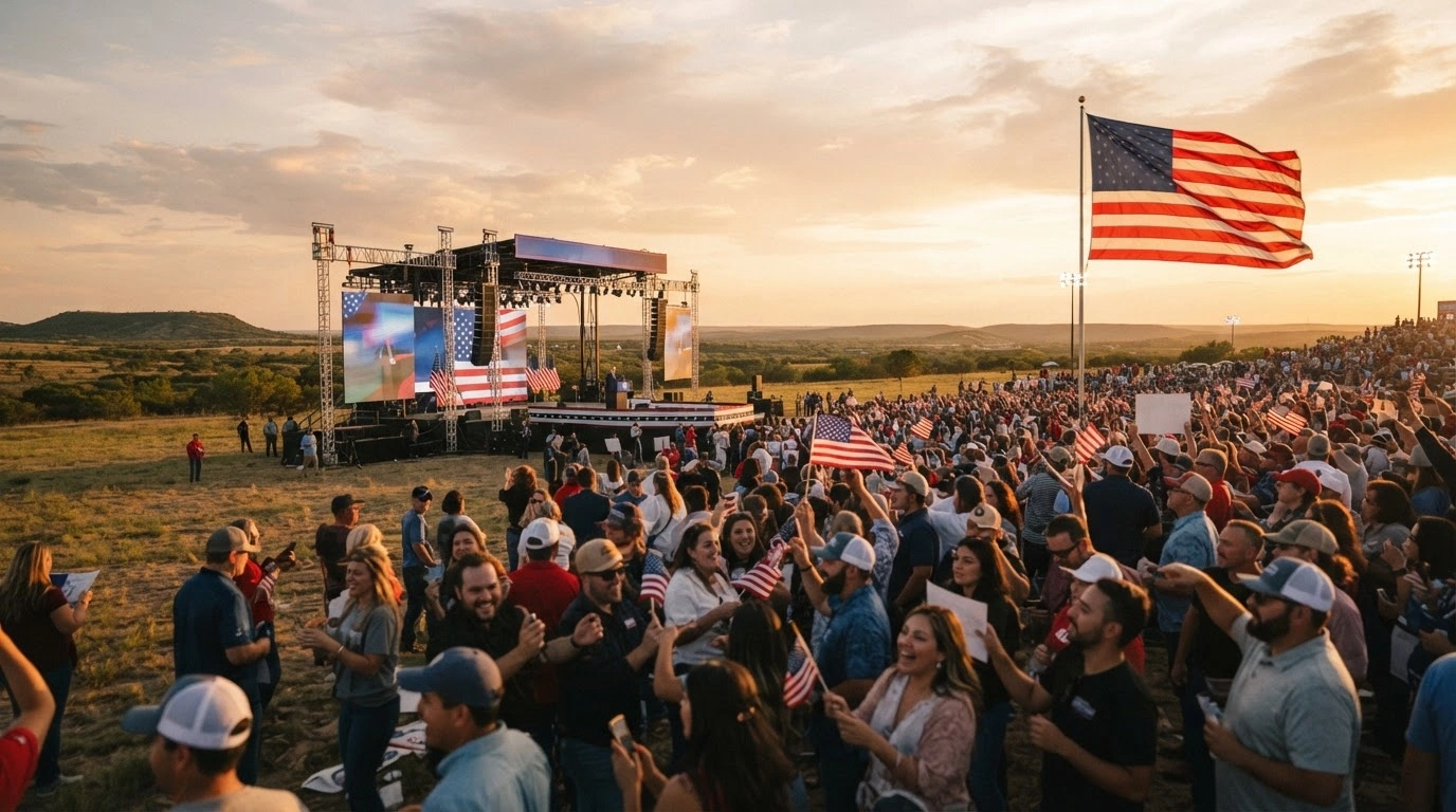 A large crowd of supporters gathers at a political rally in Texas for a campaign initiative supported by MAGA Inc.