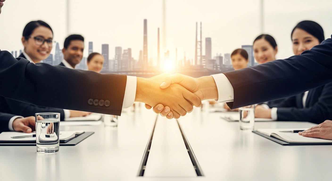 Two prominent figures shake hands at a grand conference table, symbolizing the Maharashtra government signing over $50 billion in MoUs at the World Economic Forum in Davos, projected to create 1.5 million jobs across infrastructure, steel, real estate, and digital sectors.