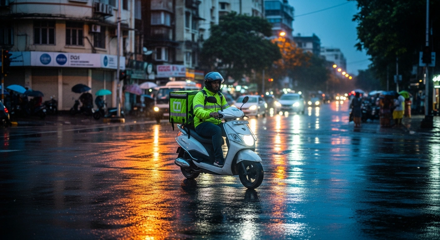 A food delivery rider on an electric scooter navigates a busy city street in Maharashtra as part of new government regulations for gig workers.