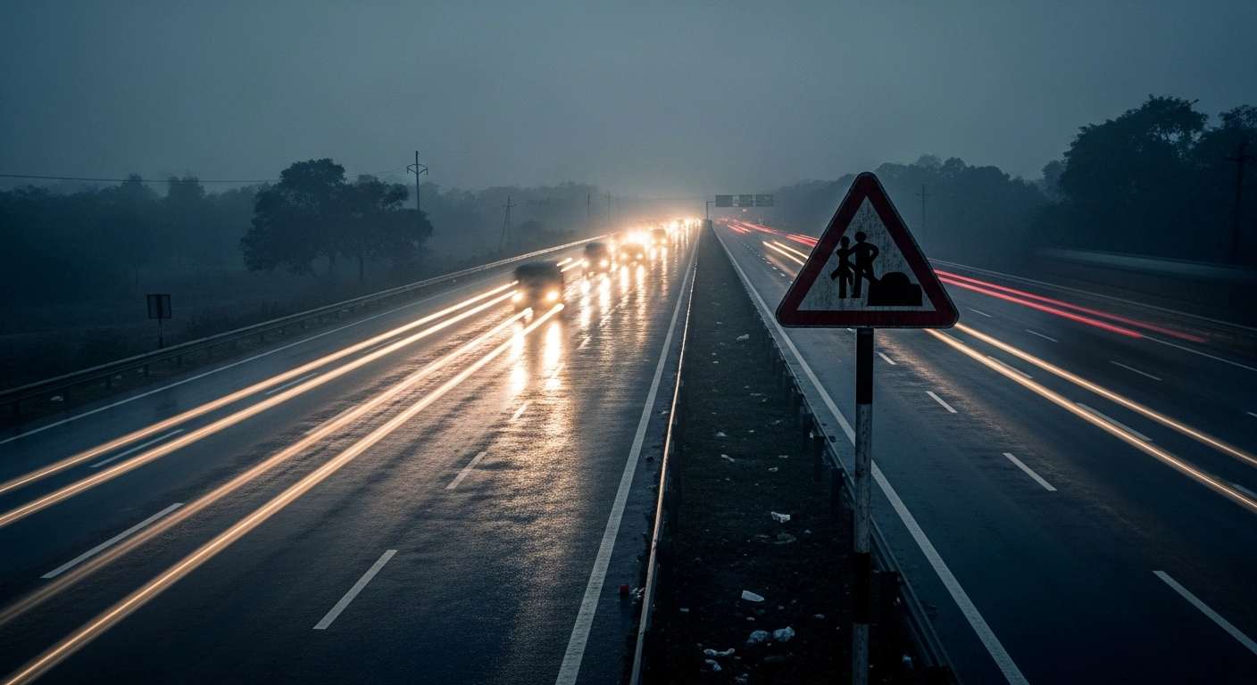A rain-slicked highway in Maharashtra at dusk illustrates the somber aftermath of recent fatal road accidents.