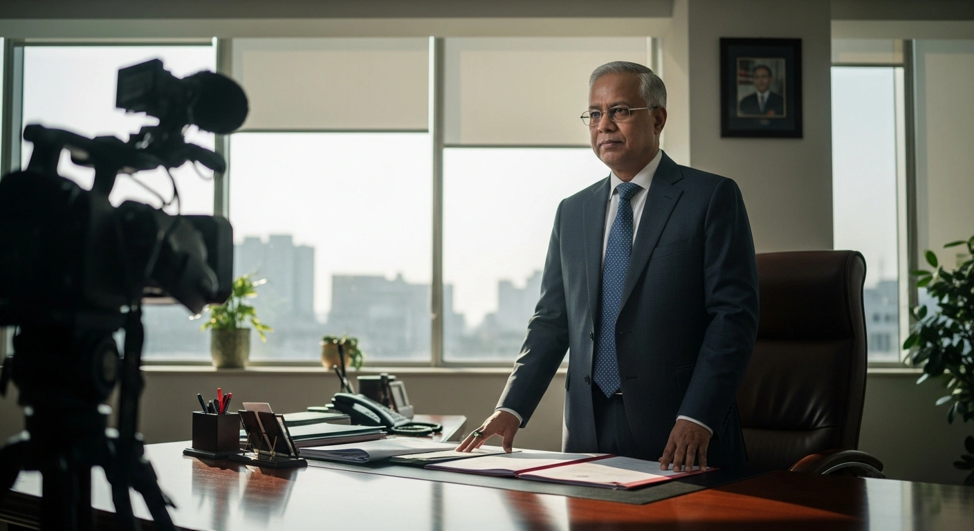 Mahfuzur Rahman Riton stands in a professional office setting as the newly appointed administrator of the Rajshahi City Corporation in Bangladesh.