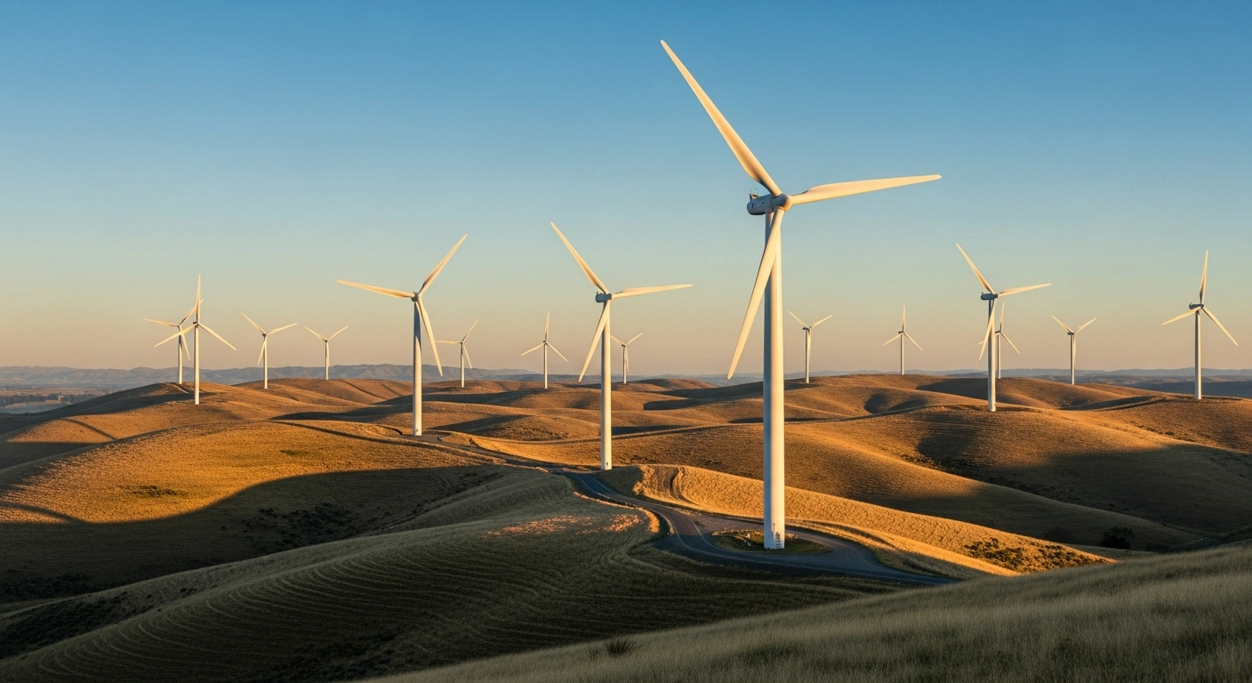 Modern wind turbines stand on the rolling hills of the Māhinerangi Wind Farm in Otago, New Zealand, representing a new renewable energy project.