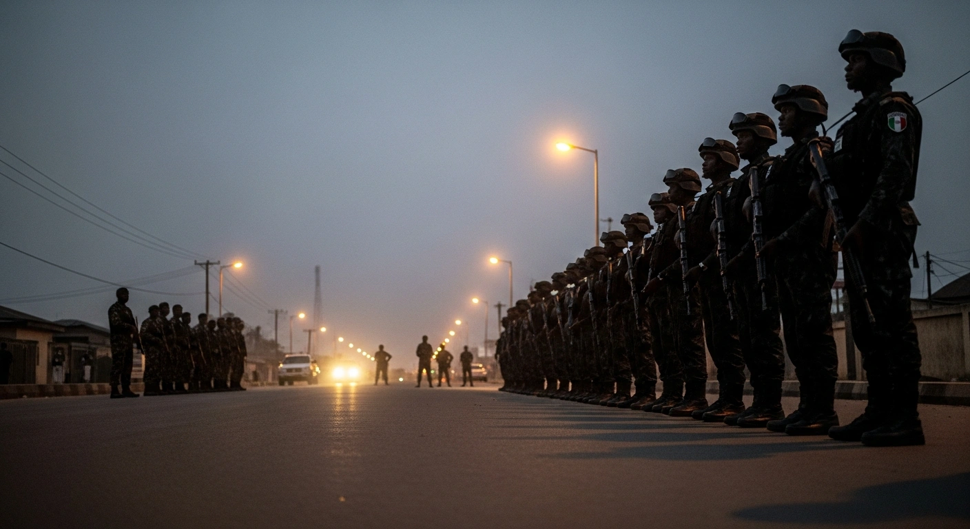 Nigerian security personnel stand guard on a street in Maiduguri following recent bomb explosions as the government works to restore stability.