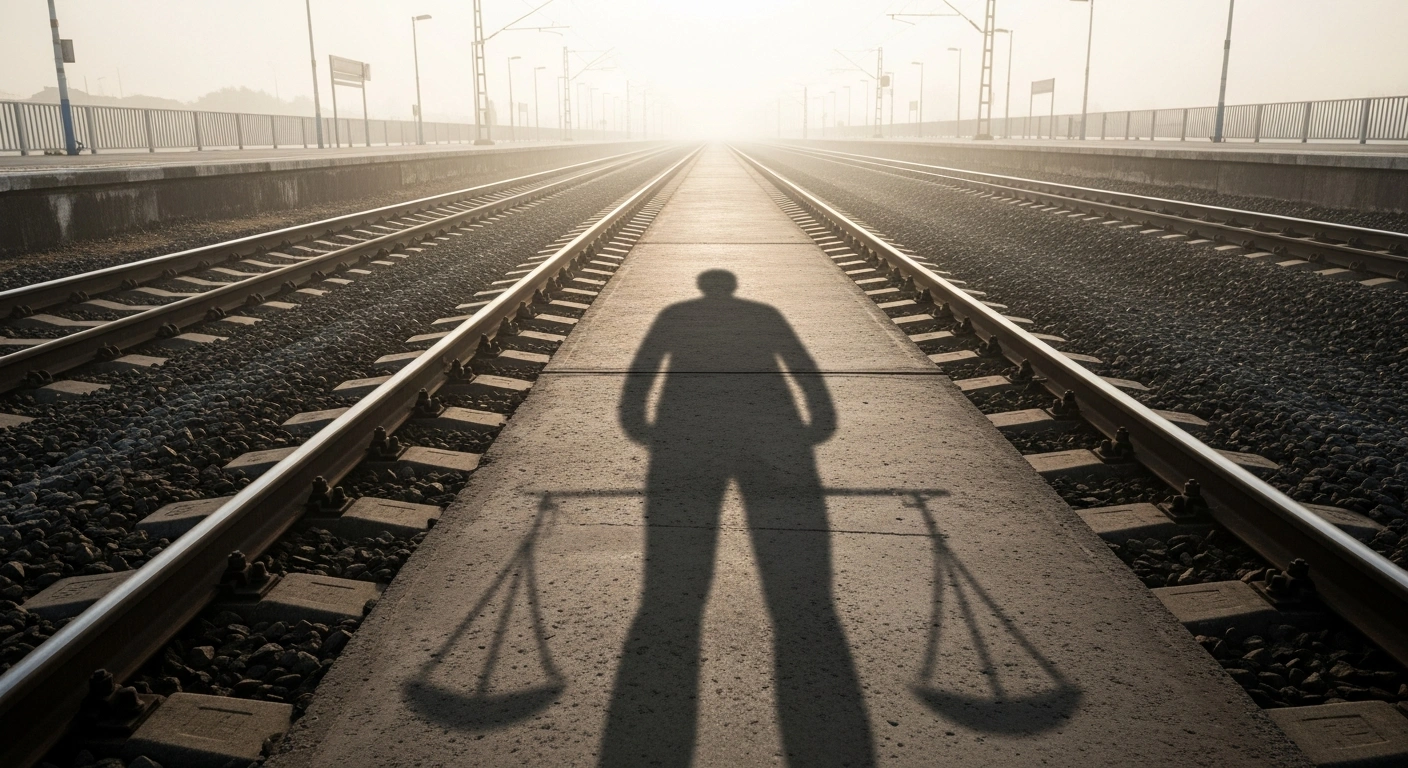 A desolate railway platform at dawn, with a long, distorted shadow cast across the grimy concrete, symbolizing the severe 29-year prison sentence for Deng Chol Majek, a Sudanese asylum seeker, convicted of the brutal murder of hotel worker Rhiannon Whyte at Bescot Stadium railway station in Walsall.