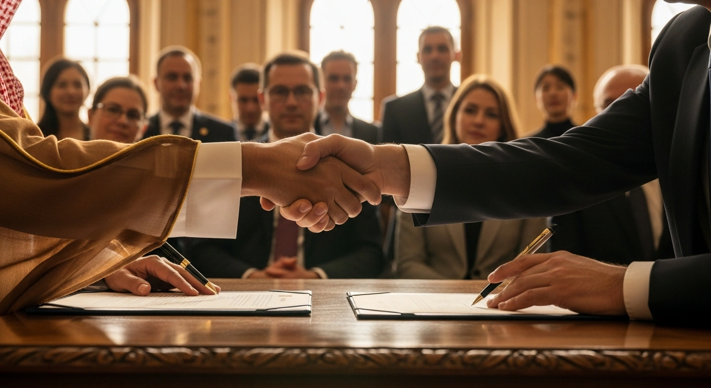A medium close-up shows two hands, one in traditional attire and one in a business suit, signing an official document on a wooden table, with a blurred background of international delegates, symbolizing the strategic cooperation agreements signed at the Third Makkah Halal Forum in Saudi Arabia.