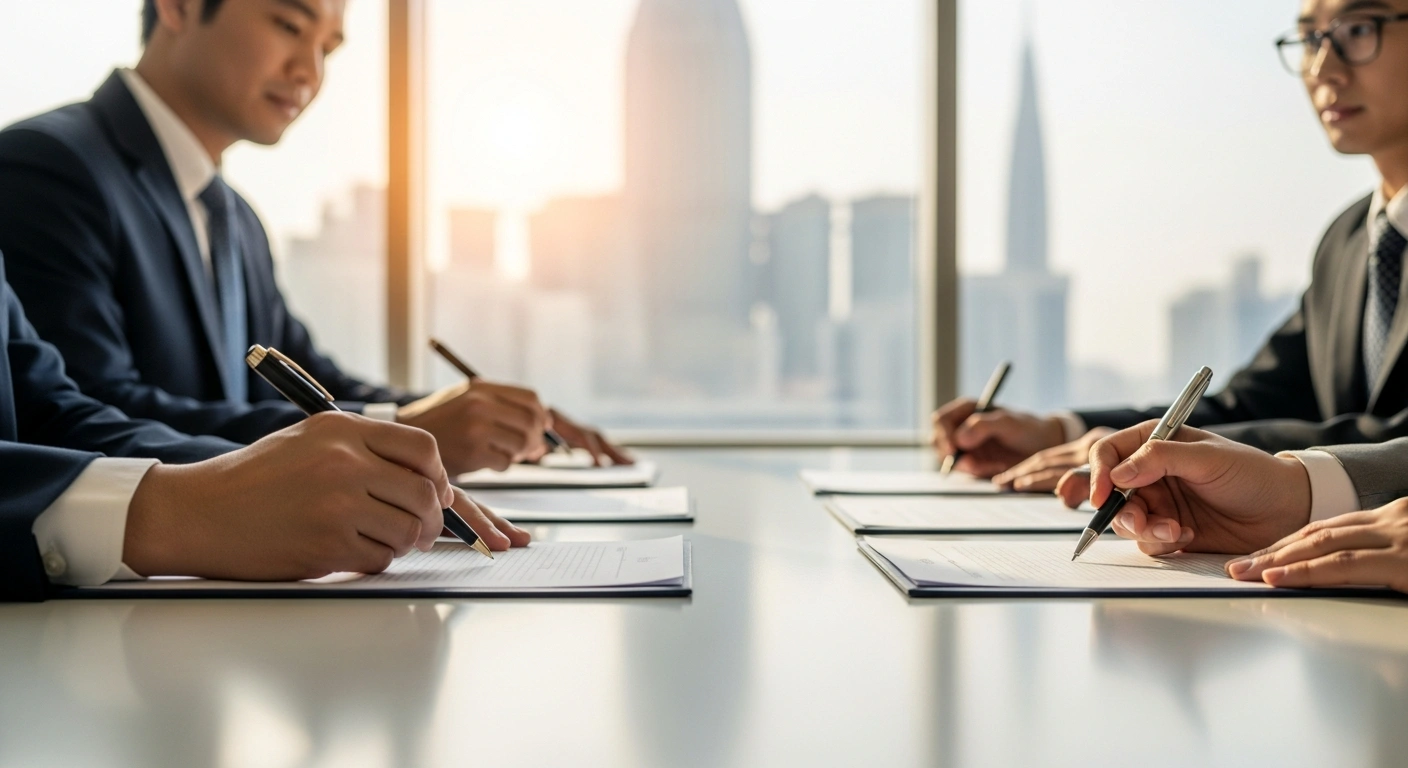 Multiple hands are shown signing strategic cooperation agreements at a polished conference table, symbolizing the conclusion of the Third Makkah Halal Forum in Makkah, Saudi Arabia, which aims to enhance economic integration, standardize certification systems, and improve product quality in the global halal industry.